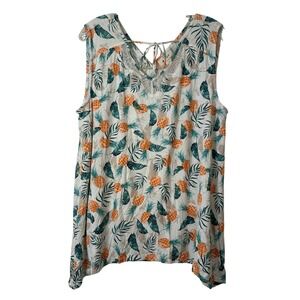 Style & Co XL Pineapple Tropical Print Lace V-Neck Sleeveless Top White Orange